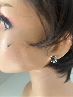 Faceted Dark Hematite Crystal Stud Earrings with Silver-Tone Halo